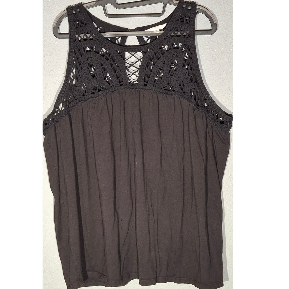 Time and Tru Black Crochet Lace Yoke Sleeveless Top XXL (20) Boho Knit Tank